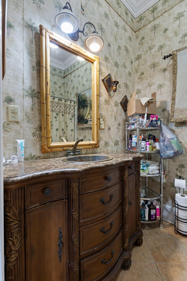 full bath featuring a shower with curtain, wallpapered walls, vanity, and crown molding