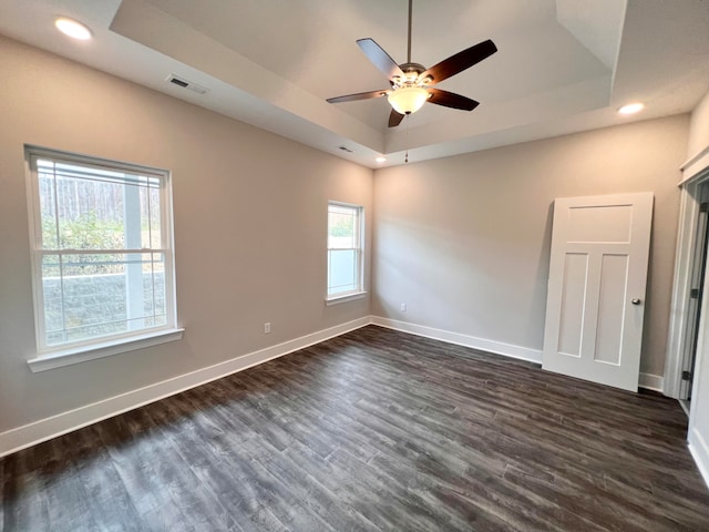 empty room featuring a raised ceiling, dark wood-type flooring, and plenty of natural light