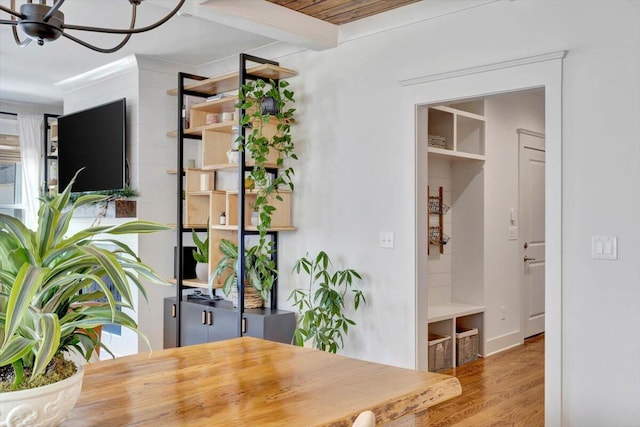 dining area featuring hardwood / wood-style floors, ceiling fan, and beam ceiling