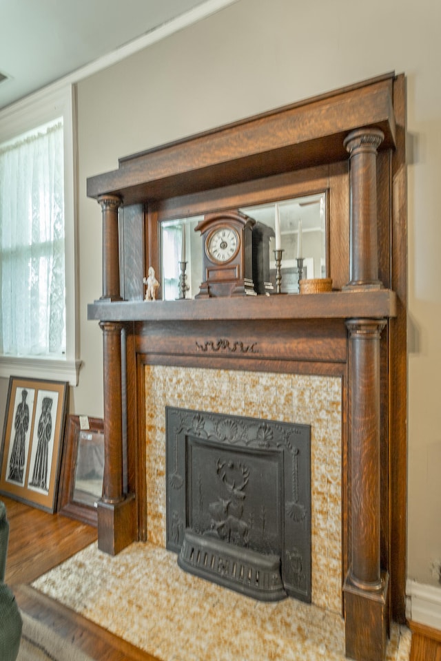 interior details with a premium fireplace and hardwood / wood-style floors