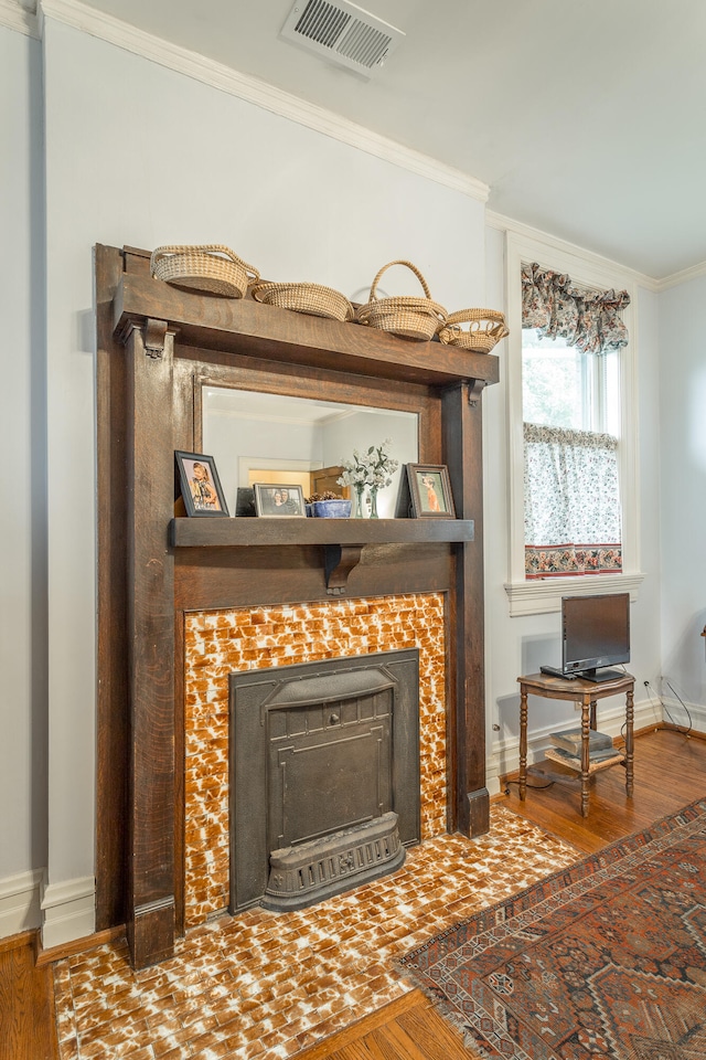 details featuring hardwood / wood-style flooring, a fireplace, and ornamental molding