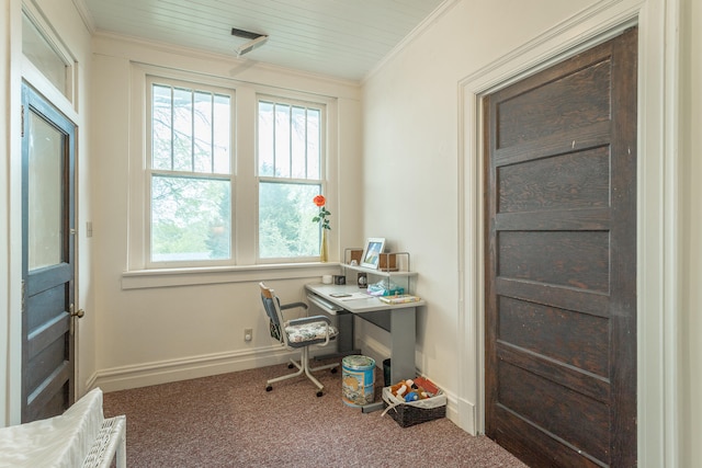 carpeted office space featuring crown molding