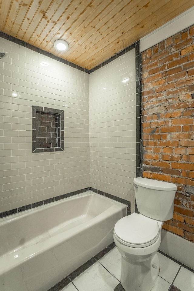 bathroom featuring wooden ceiling, toilet, bathtub / shower combination, and tile patterned flooring