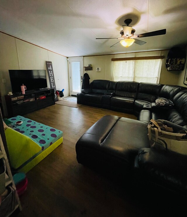 living room featuring ceiling fan and hardwood / wood-style flooring