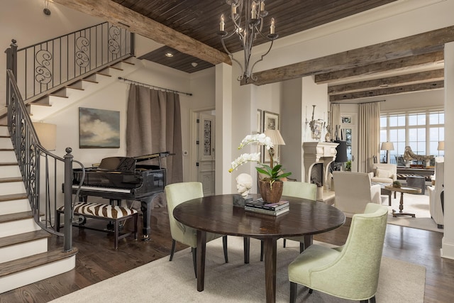 dining space with wood ceiling, dark wood-type flooring, an inviting chandelier, and beamed ceiling