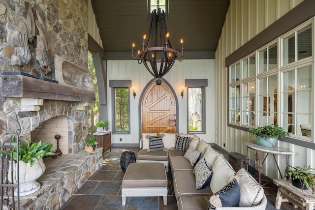 view of patio with an outdoor stone fireplace