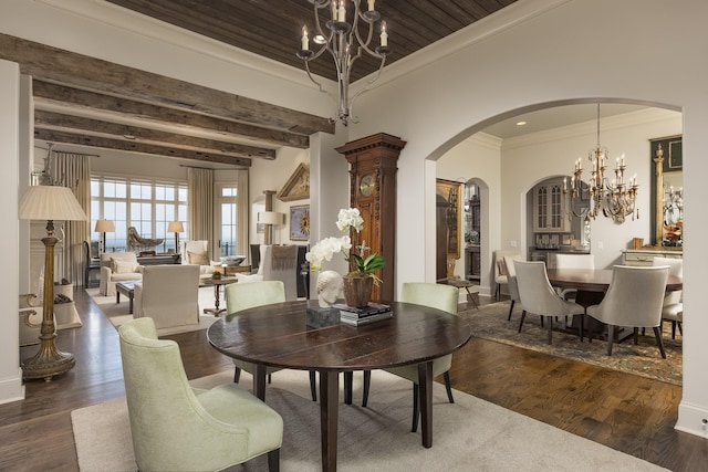 dining area with dark hardwood / wood-style floors, beamed ceiling, and a chandelier