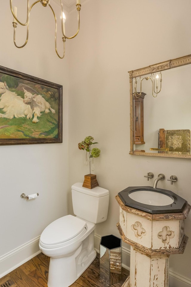 bathroom with vanity, toilet, and hardwood / wood-style floors