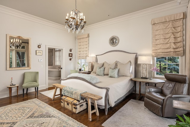 bedroom with ornamental molding, dark hardwood / wood-style flooring, an inviting chandelier, and ensuite bathroom