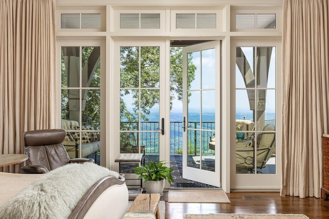 doorway to outside featuring dark hardwood / wood-style flooring and a water view