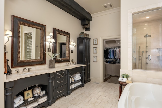 bathroom featuring ornamental molding, vanity, tile patterned floors, and shower with separate bathtub