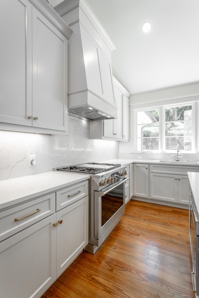 kitchen featuring light wood-type flooring, premium range hood, stainless steel stove, and sink