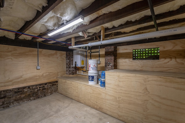 basement featuring tankless water heater