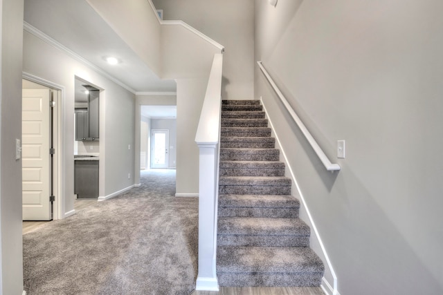 staircase featuring crown molding and carpet flooring