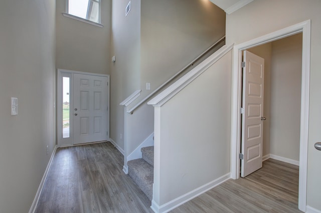 entryway featuring crown molding, a towering ceiling, and light wood-type flooring