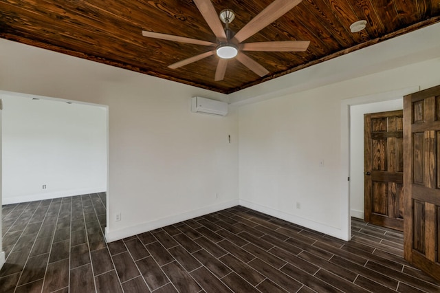 spare room featuring wood ceiling, ceiling fan, dark hardwood / wood-style floors, and a wall unit AC