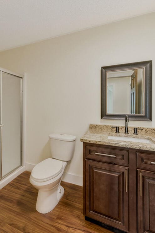 bathroom featuring hardwood / wood-style floors, toilet, a shower with door, and vanity