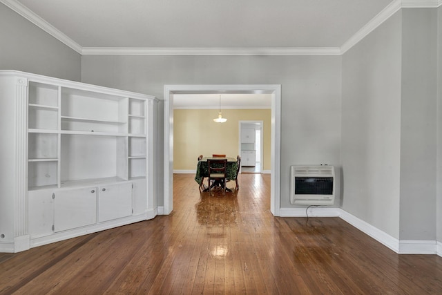 unfurnished living room featuring heating unit, crown molding, and dark hardwood / wood-style flooring