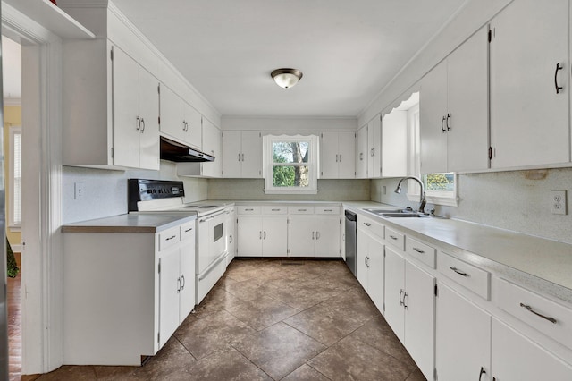 kitchen featuring sink, stainless steel dishwasher, range with electric stovetop, ornamental molding, and white cabinetry