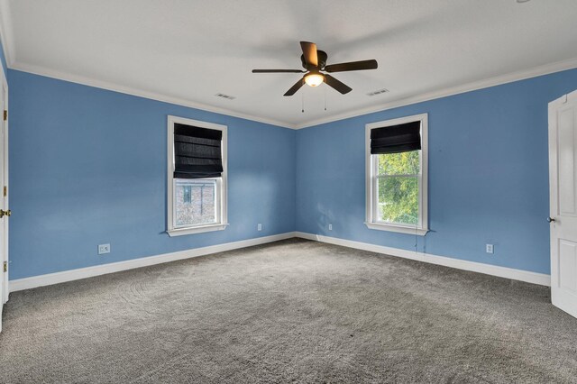 carpeted spare room with ceiling fan and ornamental molding