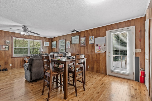 dining area with ceiling fan, a wealth of natural light, wooden walls, and light hardwood / wood-style floors