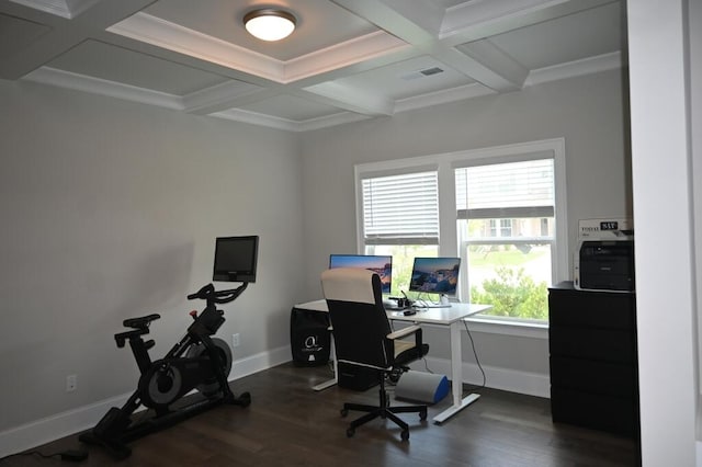 office space featuring dark wood-style flooring, coffered ceiling, baseboards, and beamed ceiling