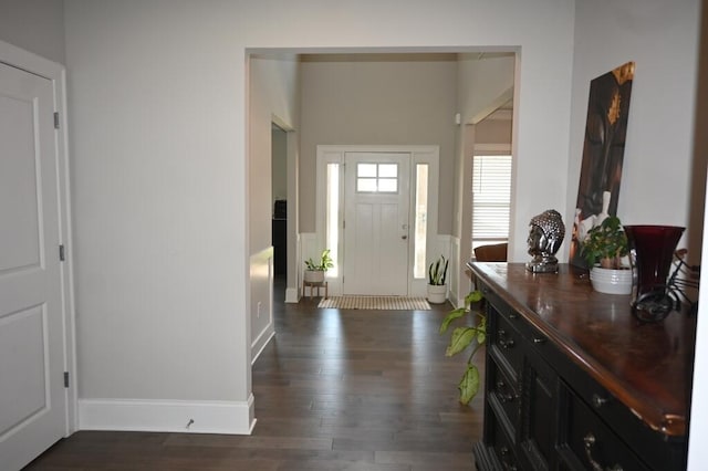 foyer entrance featuring dark wood-style flooring