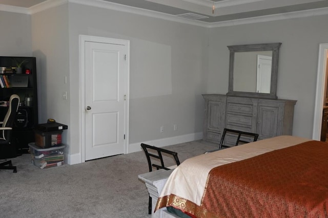 bedroom with baseboards, carpet flooring, and ornamental molding