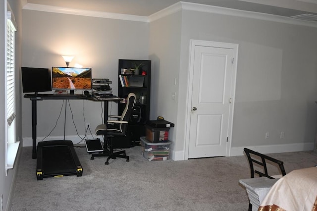 carpeted office space featuring baseboards, ornamental molding, and a healthy amount of sunlight