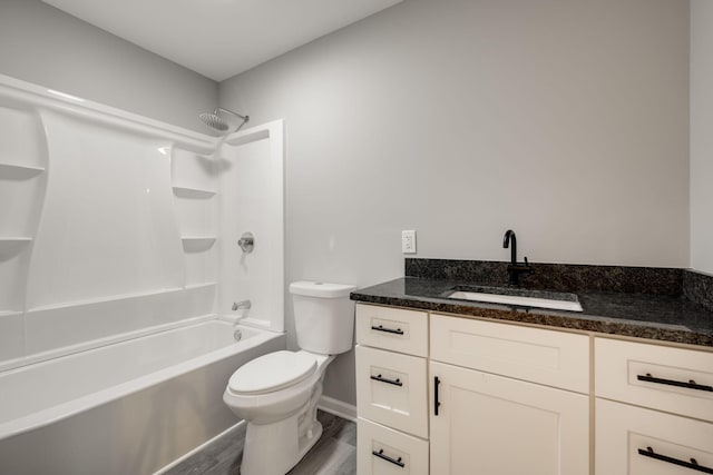 full bathroom with vanity, toilet, shower / bath combination, and wood-type flooring