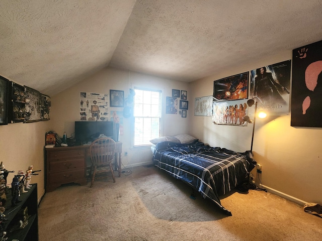 bedroom with lofted ceiling, carpet flooring, and a textured ceiling