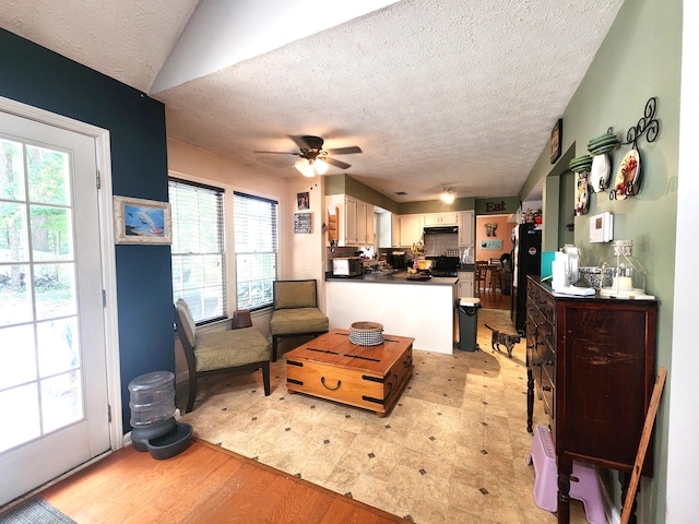 living room featuring light hardwood / wood-style flooring, a textured ceiling, a wealth of natural light, and ceiling fan