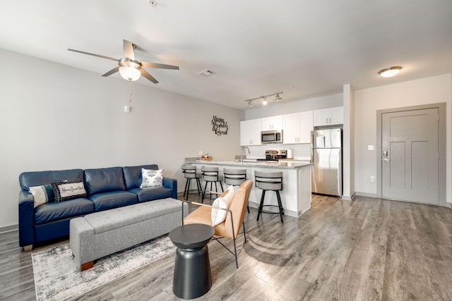 living room featuring light hardwood / wood-style flooring, ceiling fan, sink, and track lighting