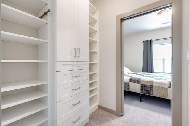 spacious closet featuring light colored carpet