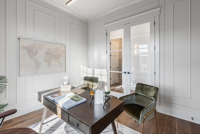 office featuring french doors and hardwood / wood-style floors