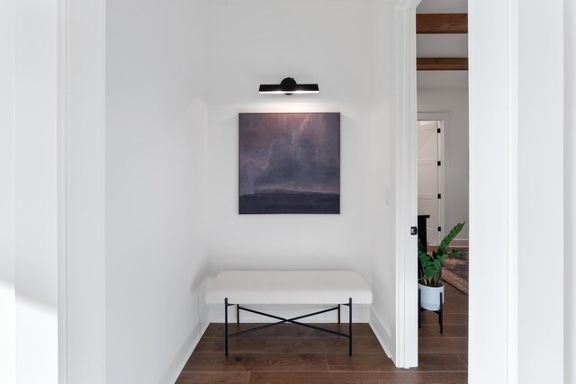 details with beamed ceiling and wood-type flooring