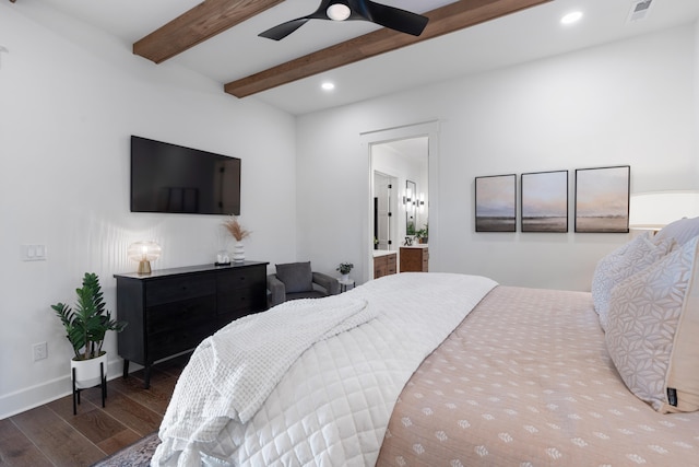 bedroom with ceiling fan, dark hardwood / wood-style floors, ensuite bathroom, and beamed ceiling