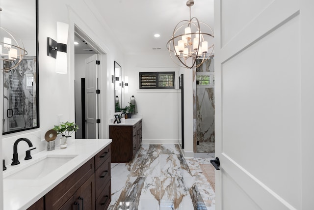 bathroom featuring walk in shower, a chandelier, and vanity