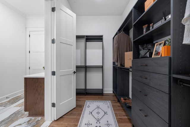 walk in closet with dark wood-type flooring