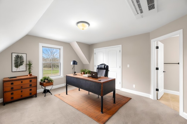 207 Zion Cove Ln, Englewood, TN 37329 - office area featuring light colored carpet, baseboards, and vaulted ceiling