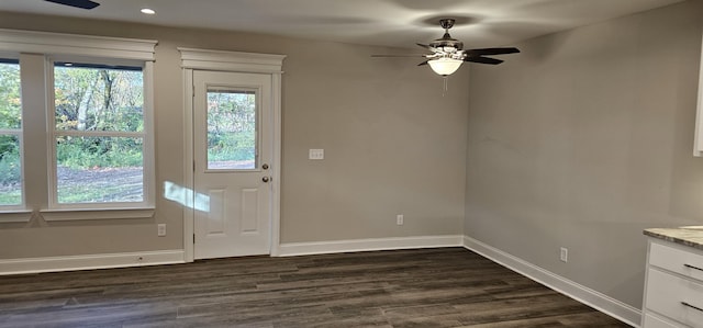 doorway to outside with ceiling fan and dark hardwood / wood-style flooring