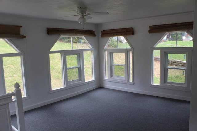 interior space featuring a healthy amount of sunlight, ceiling fan, and carpet