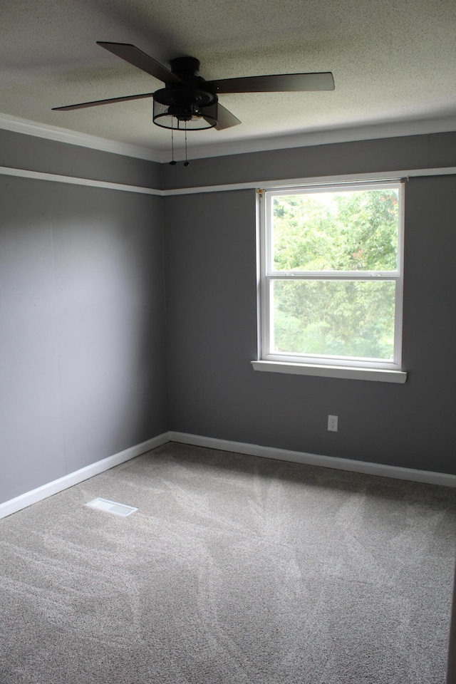 carpeted empty room featuring ceiling fan, ornamental molding, and a textured ceiling