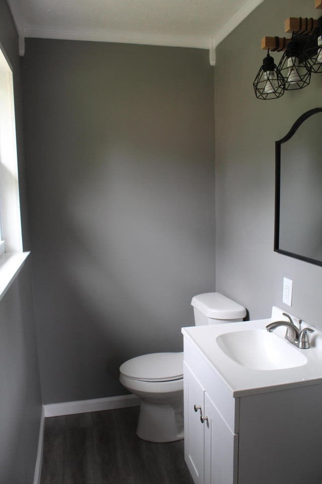 bathroom with crown molding, vanity, toilet, and wood-type flooring