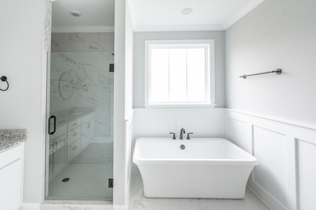 bathroom featuring vanity, plus walk in shower, and crown molding