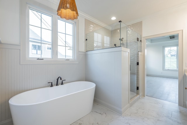 bathroom featuring crown molding, hardwood / wood-style flooring, and plus walk in shower