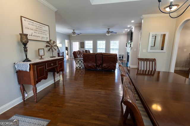 dining area featuring ceiling fan, ornamental molding, and dark hardwood / wood-style flooring