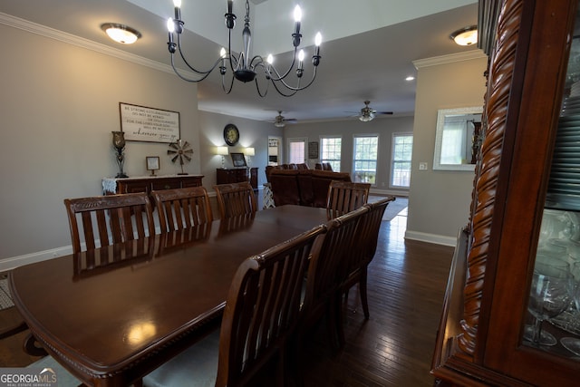 dining space featuring ceiling fan with notable chandelier, dark hardwood / wood-style flooring, and ornamental molding