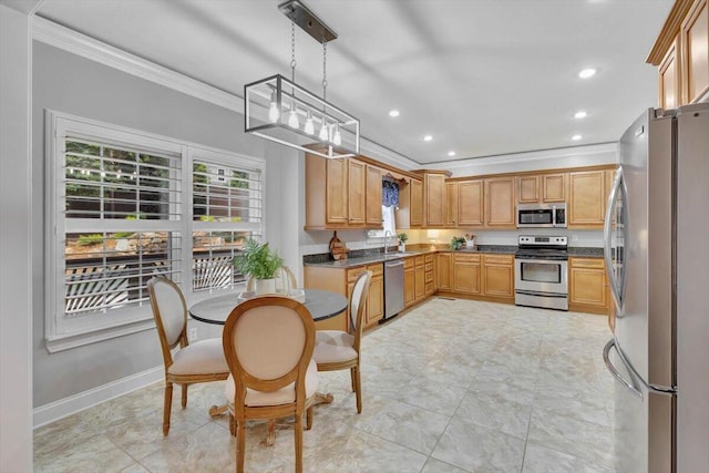 kitchen featuring crown molding, sink, pendant lighting, and appliances with stainless steel finishes