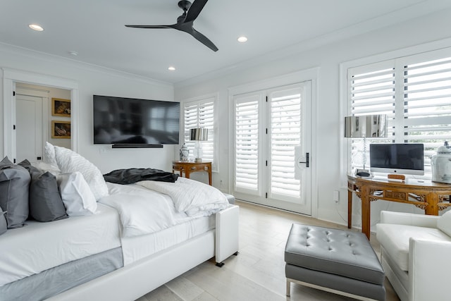 bedroom with access to outside, ceiling fan, light hardwood / wood-style flooring, and ornamental molding